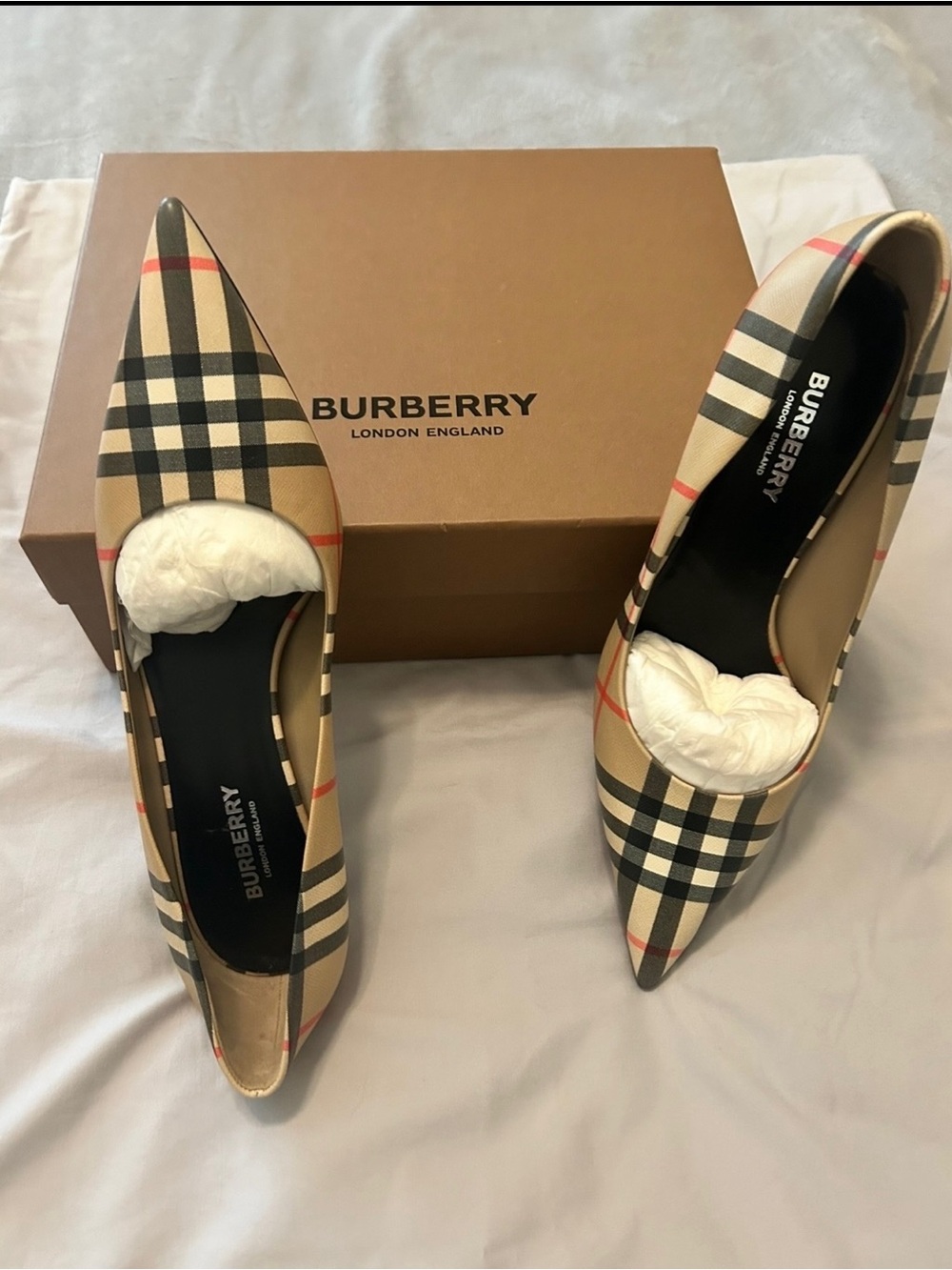 Burberry Plaid Pointed Toe Pumps in Beige and Black